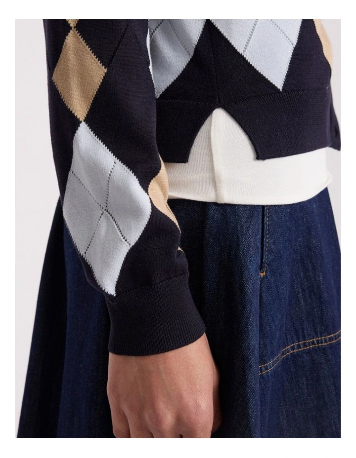 Huntley Cotton Argyle Cardigan in Navy Multi image 3