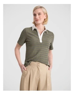 Madeline Cotton Blend Polo in Fern Stripe