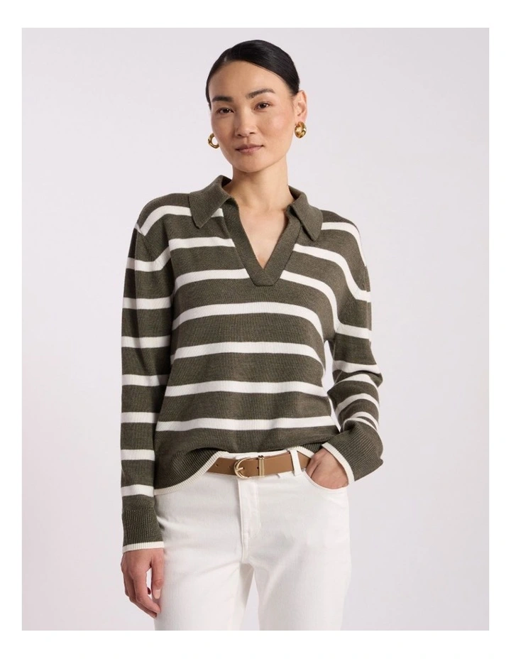 Leece Merino Stripe Polo Knit in Ivory Stripe image 1