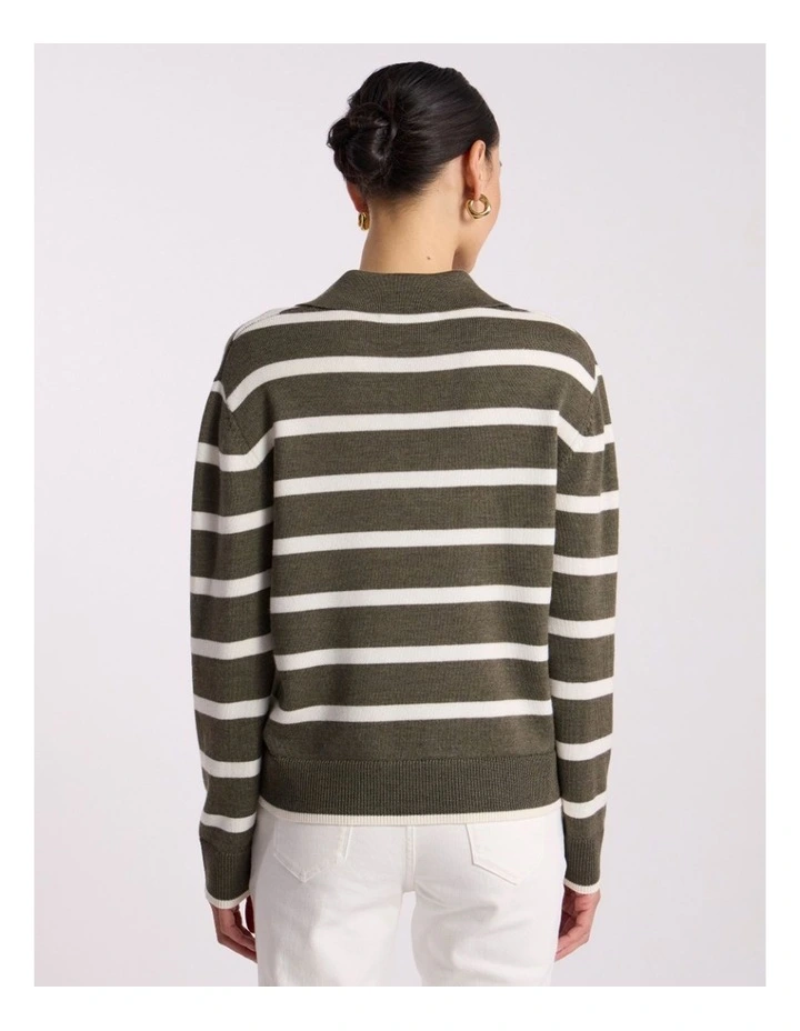 Leece Merino Stripe Polo Knit in Ivory Stripe image 3