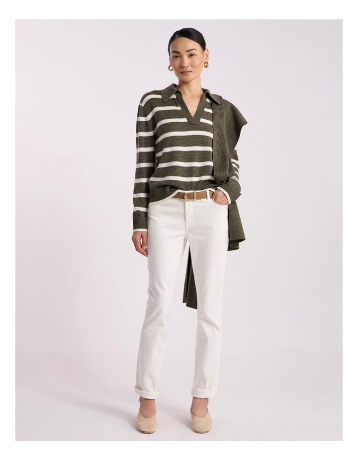 Leece Merino Stripe Polo Knit in Ivory Stripe image 4