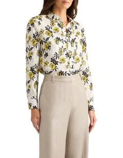 Theia Linen Shirt in White Multi