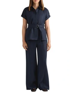 Imogen Linen Belted Shirt in Navy