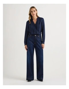 Silk Blend Pintuck Shirt in Caviar Blue
