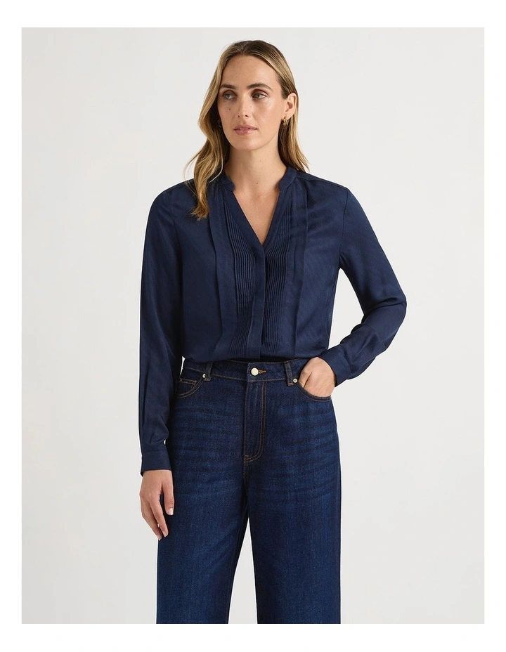 Silk Blend Pintuck Shirt in Caviar Blue image 2