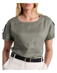 Melinda Linen Mix Tee in Oregano Green
