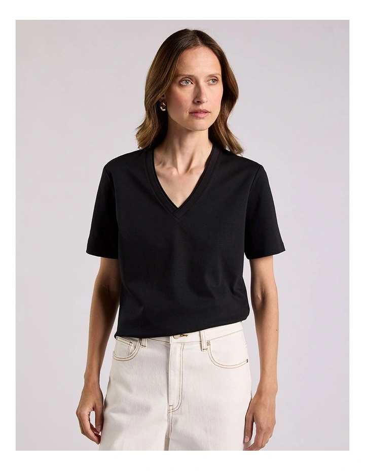Misty V Neck Cotton Tee in Black image 2