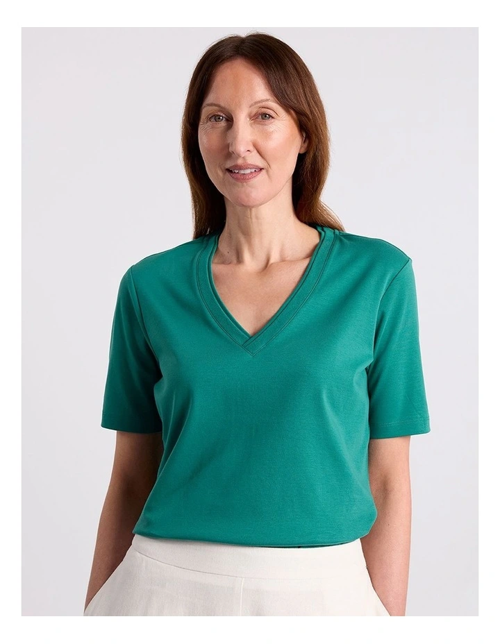 Misty V Neck Cotton Tee in Teal image 2