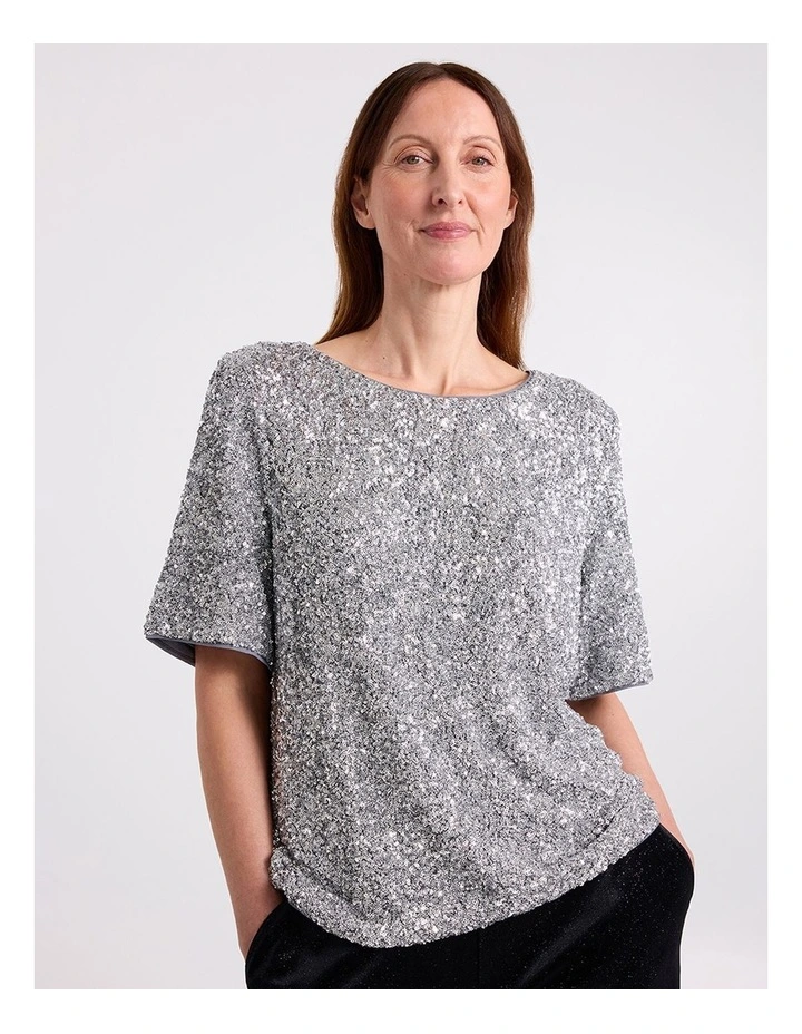 Phylis Boxy Sequin Tee in Platinum image 5