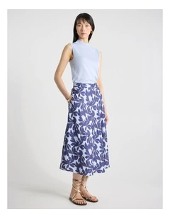 Waterlily Stretch Linen Skirt in Blue Multi