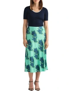 Cara Satin Midi Skirt in Seafoam Multi
