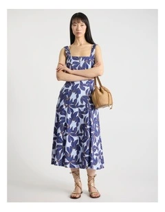 Waterlily Stretch Linen Dress in Blue Multi