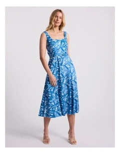 Monica Stretch Linen Dress in Blue Multi