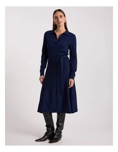 Indira Merino Knit Polo Dress in Navy