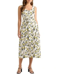 Theia Linen Dress in White Multi