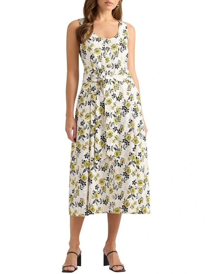 Theia Linen Dress in White Multi image 1