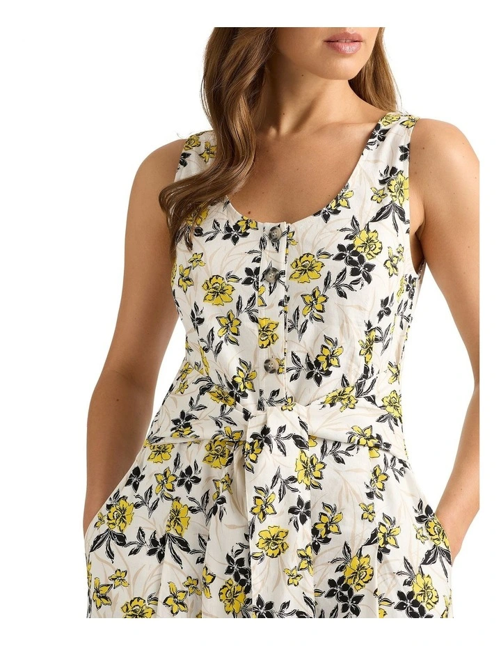 Theia Linen Dress in White Multi image 4