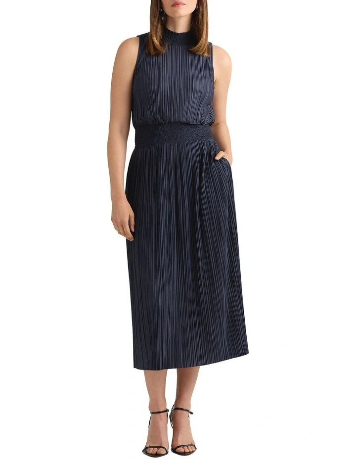 Tauri Pleat Jersey Dress in Navy image 2