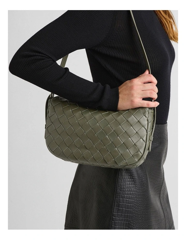 Woven Leather Shoulder Bag in Olive image 2