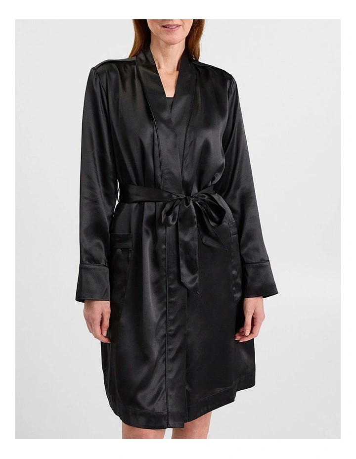 Cannes Short Silk Sleep Robe in Black image 2