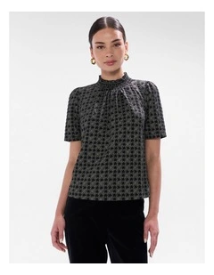 Cece Houndstooth Top in Black Multi