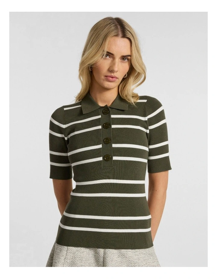 Leila Stripe Knit Polo in Dark Khaki image 1