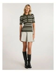 Leila Stripe Knit Polo in Dark Khaki