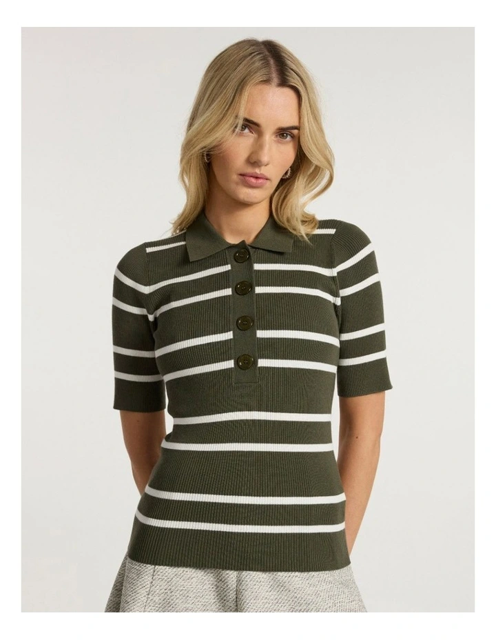 Leila Stripe Knit Polo in Dark Khaki image 2