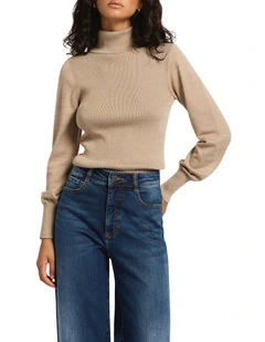 Frost Shimmer Roll Neck Knit in Taupe Sparkle