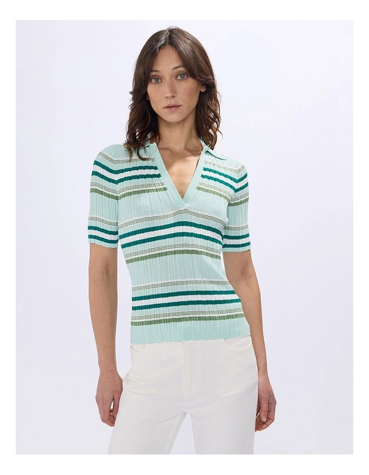 The Lost Line Knit Polo in Green Stripe image 2