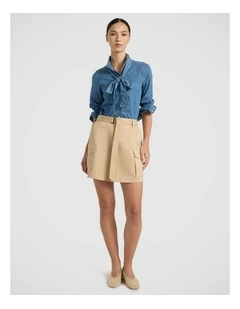 Velma Denim Bow Blouse in Lagoon Blue