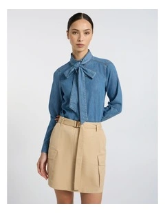 Velma Denim Bow Blouse in Lagoon Blue