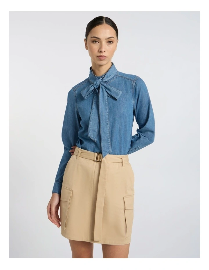 Velma Denim Bow Blouse in Lagoon Blue image 1
