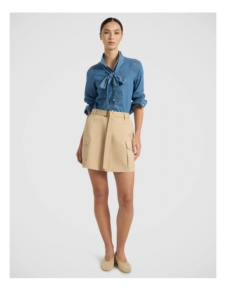 Velma Denim Bow Blouse in Lagoon Blue image 1
