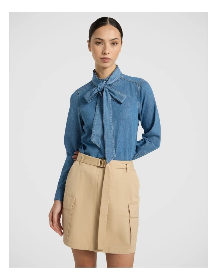 Velma Denim Bow Blouse in Lagoon Blue image 2