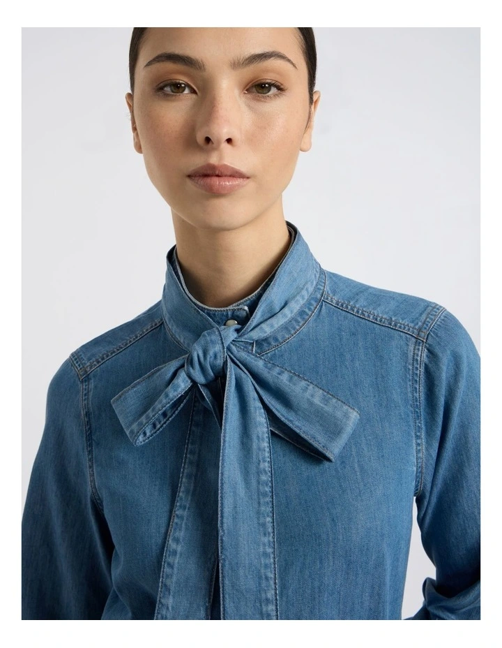 Velma Denim Bow Blouse in Lagoon Blue image 3