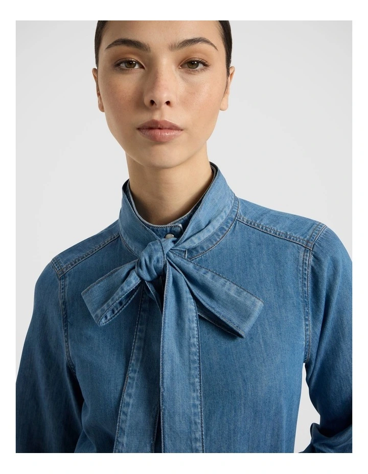 Velma Denim Bow Blouse in Lagoon Blue image 3