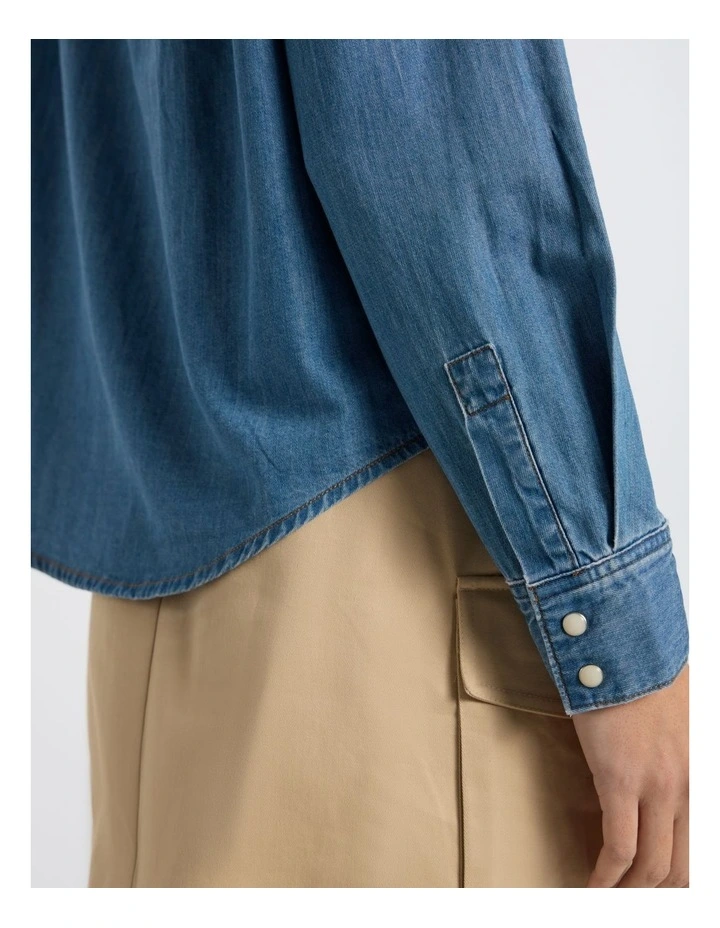 Velma Denim Bow Blouse in Lagoon Blue image 4