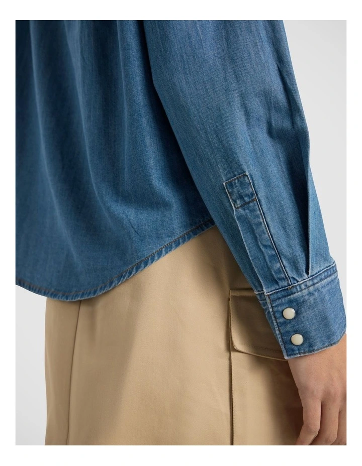 Velma Denim Bow Blouse in Lagoon Blue image 4