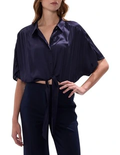 Thalia Tie Front Blouse in Midnight