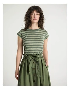 Shining Sun Foil Linen Tee in Olive Stripe