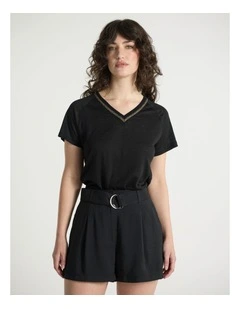 Eleanor V Neck Linen Tee in Black