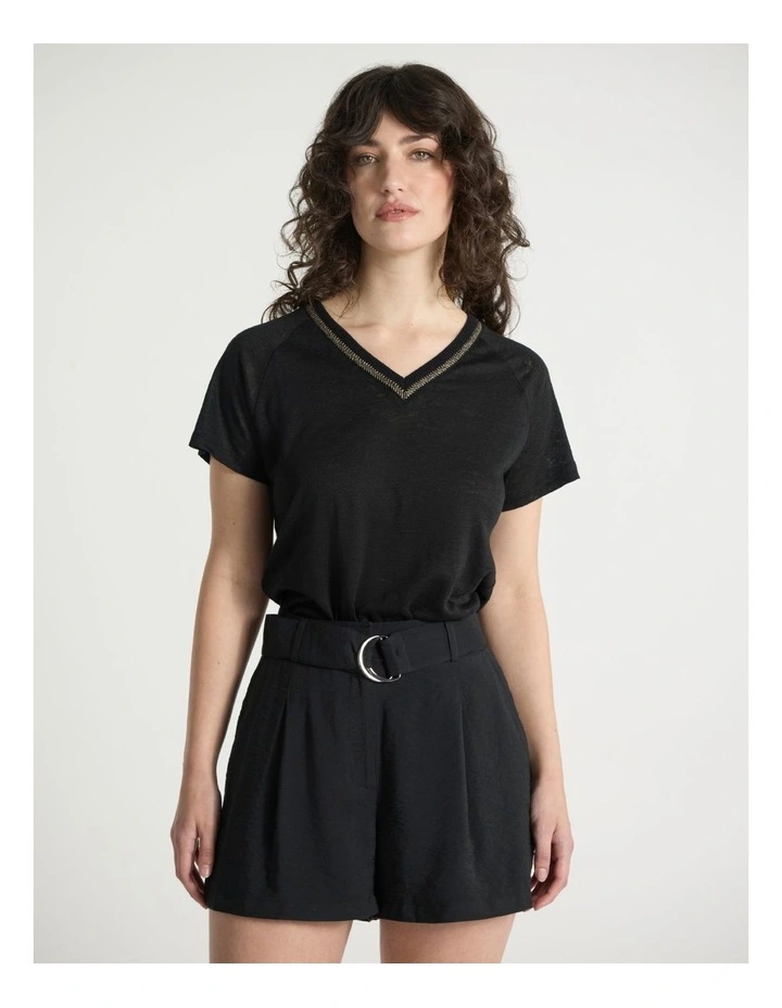 Eleanor V Neck Linen Tee in Black image 1