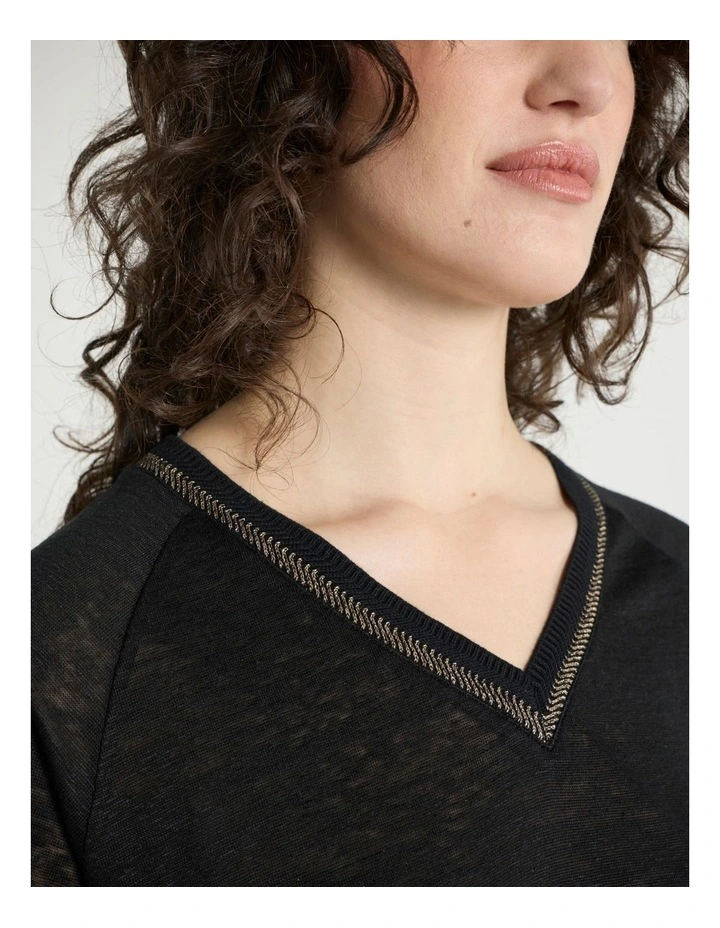 Eleanor V Neck Linen Tee in Black image 4