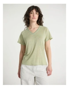 Eleanor V Neck Linen Tee in Sage Green