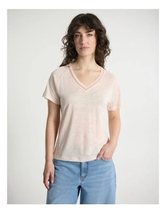 Eleanor V Neck Linen Tee in Rosewater Pink