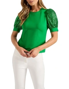 Molly Sequin Sleeve Tee in Apple
