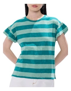 Lucinda Stripe Cotton Tee in Green Stripe