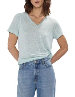 Sam V-Neck Linen Tee in Sea Spray