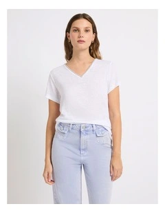 Sam V-Neck Linen Tee in White
